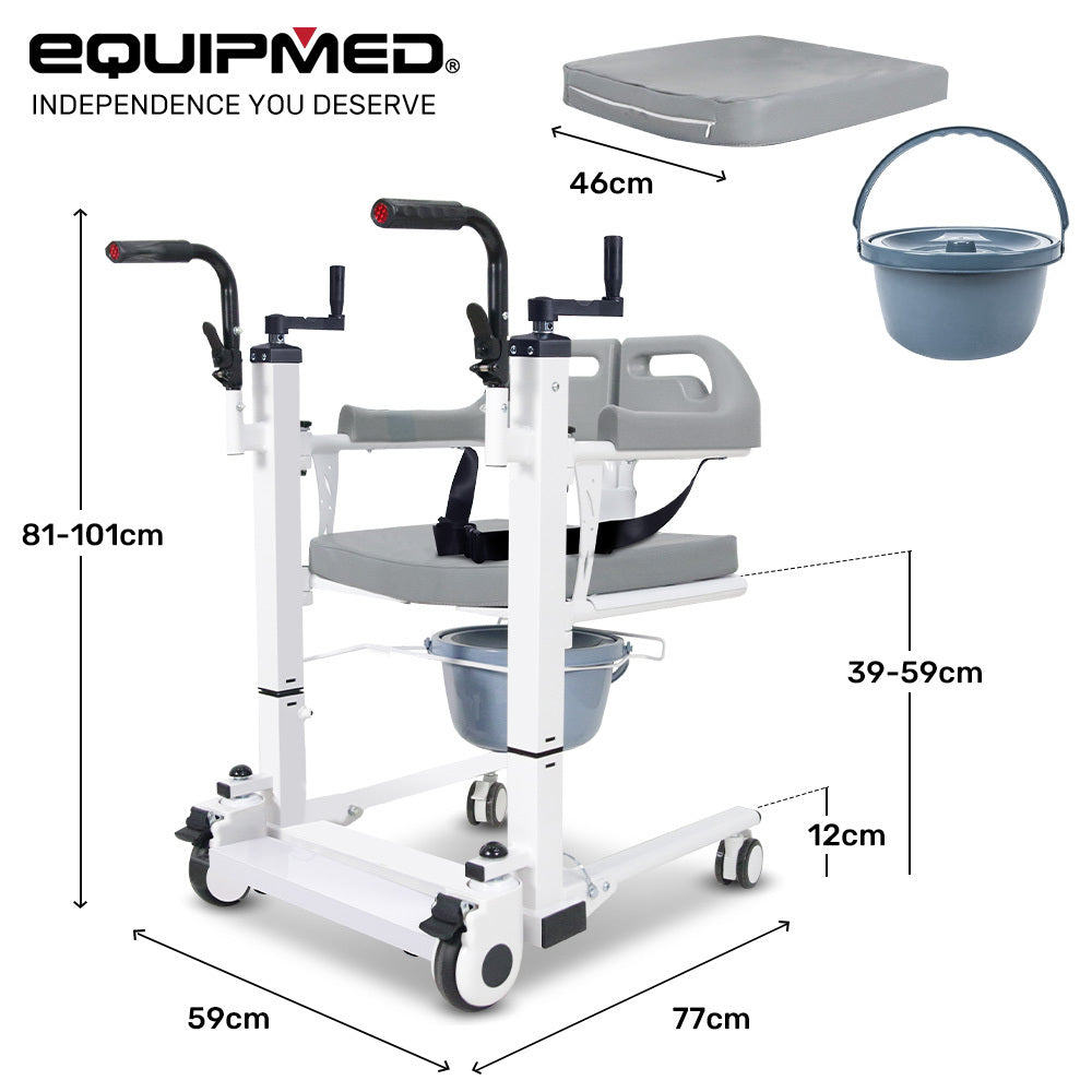 4in1 Patient Lift Transfer Chair, Manual Height Adjustment, Shower Compatible, Over Toilet, Removable Commode, for Seniors Elderly Disabled