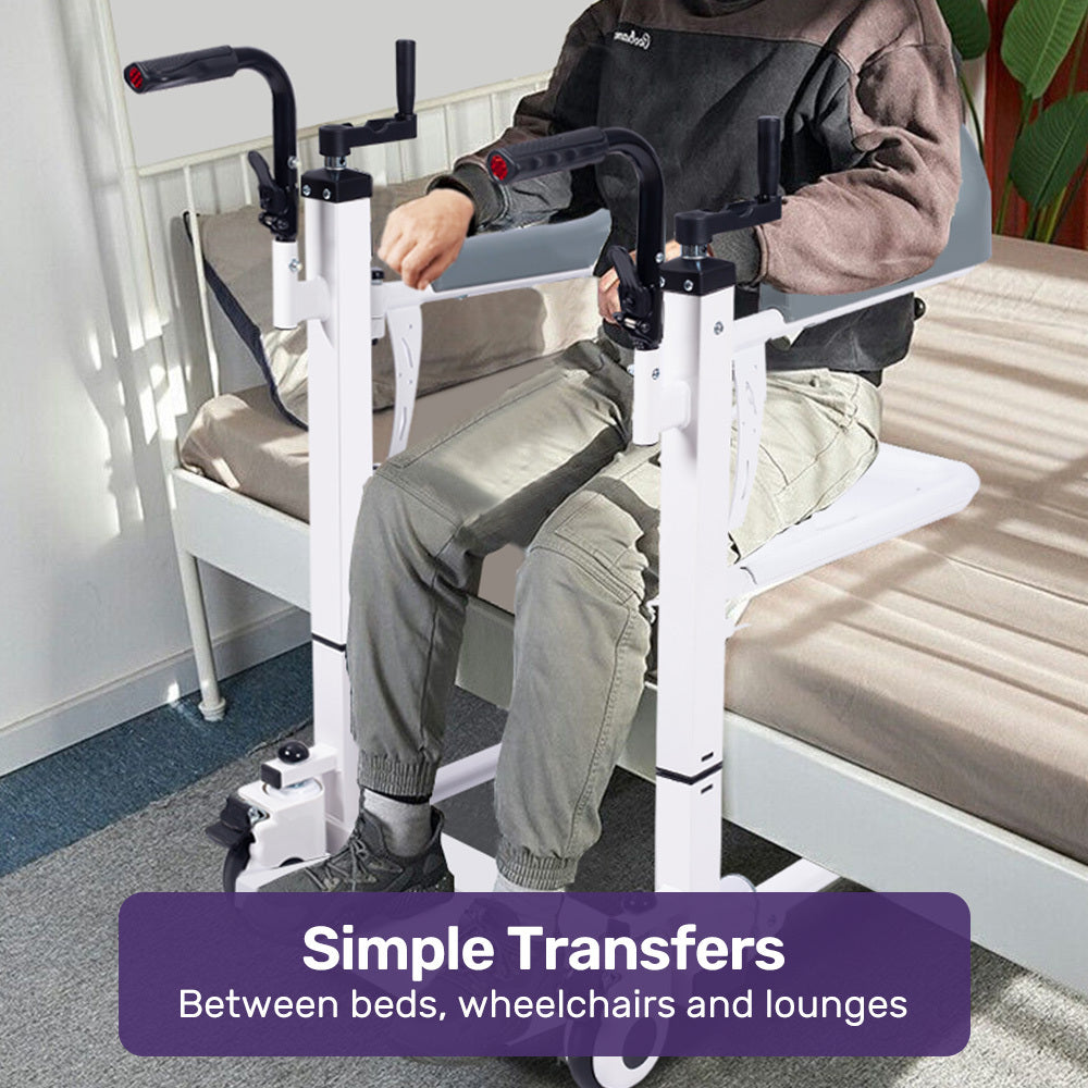 4in1 Patient Lift Transfer Chair, Manual Height Adjustment, Shower Compatible, Over Toilet, Removable Commode, for Seniors Elderly Disabled