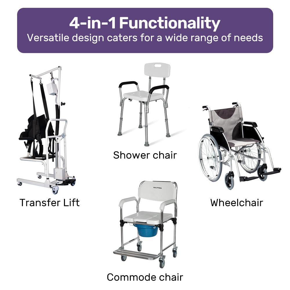4in1 Patient Lift Transfer Chair, Manual Height Adjustment, Shower Compatible, Over Toilet, Removable Commode, for Seniors Elderly Disabled