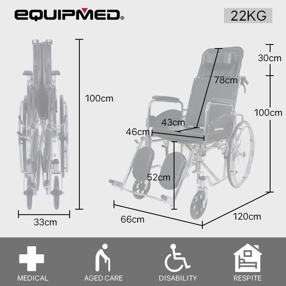 Equipmed Folding Manual Reclining Wheelchair Self Propelled, 24