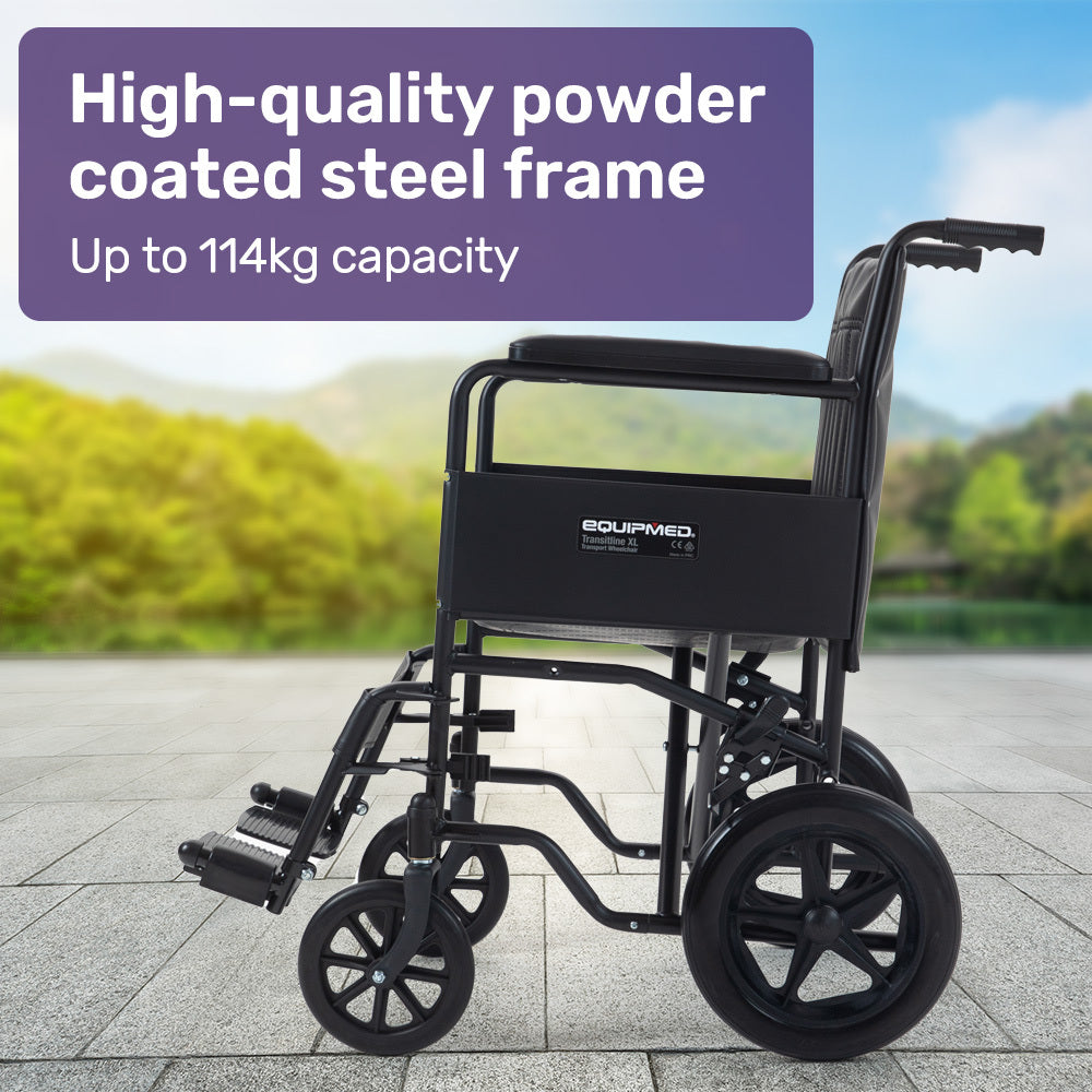 Folding Transit Manual Wheelchair, Attendant Propelled, Steel Frame, Wide Seat, Comfortable for S-XL, 114kg Capacity, Park Brakes, Transport