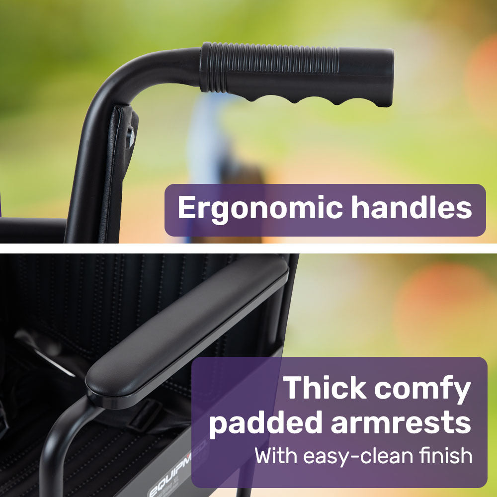 Folding Transit Manual Wheelchair, Attendant Propelled, Steel Frame, Wide Seat, Comfortable for S-XL, 114kg Capacity, Park Brakes, Transport