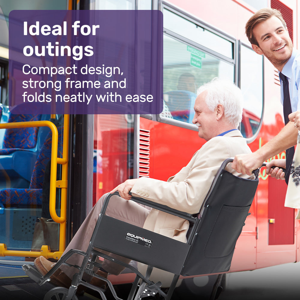 Folding Transit Manual Wheelchair, Attendant Propelled, Steel Frame, Wide Seat, Comfortable for S-XL, 114kg Capacity, Park Brakes, Transport