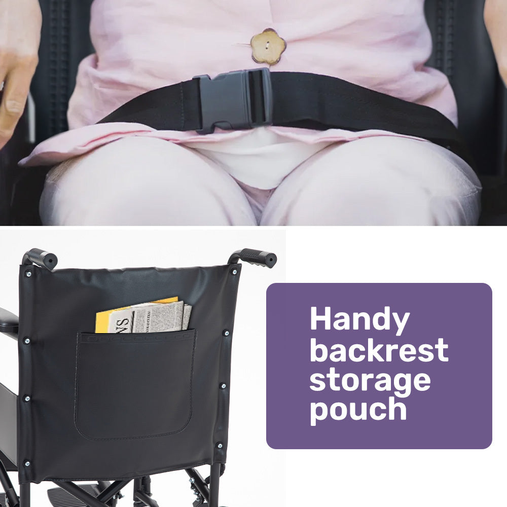 Folding Transit Manual Wheelchair, Attendant Propelled, Steel Frame, Wide Seat, Comfortable for S-XL, 114kg Capacity, Park Brakes, Transport