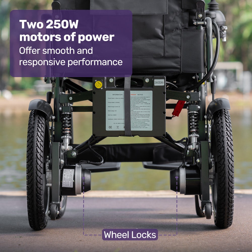 Equipmed Electric Folding Wheelchair, Wide Bariatric Chair Seat, Comfortable for S-XL, Long Range, Lithium Battery, Black/Grey
