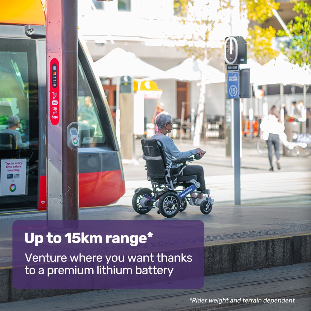 Power Electric Wheelchair, Long Range, Airline Approved, Folding, Aluminium Frame, Lithium Battery, Blue