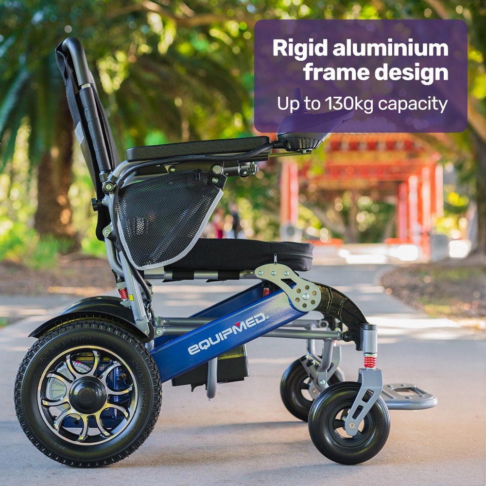Power Electric Wheelchair, Long Range, Airline Approved, Folding, Aluminium Frame, Lithium Battery, Blue