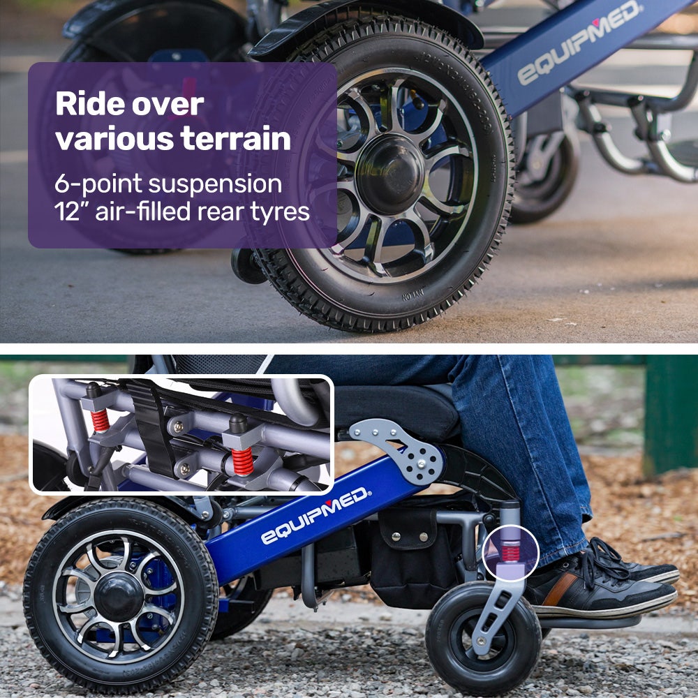 Power Electric Wheelchair, Long Range, Airline Approved, Folding, Aluminium Frame, Lithium Battery, Blue