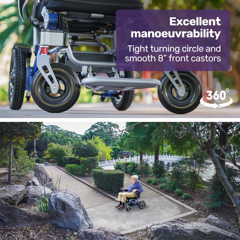 Power Electric Wheelchair, Long Range, Airline Approved, Folding, Aluminium Frame, Lithium Battery, Blue