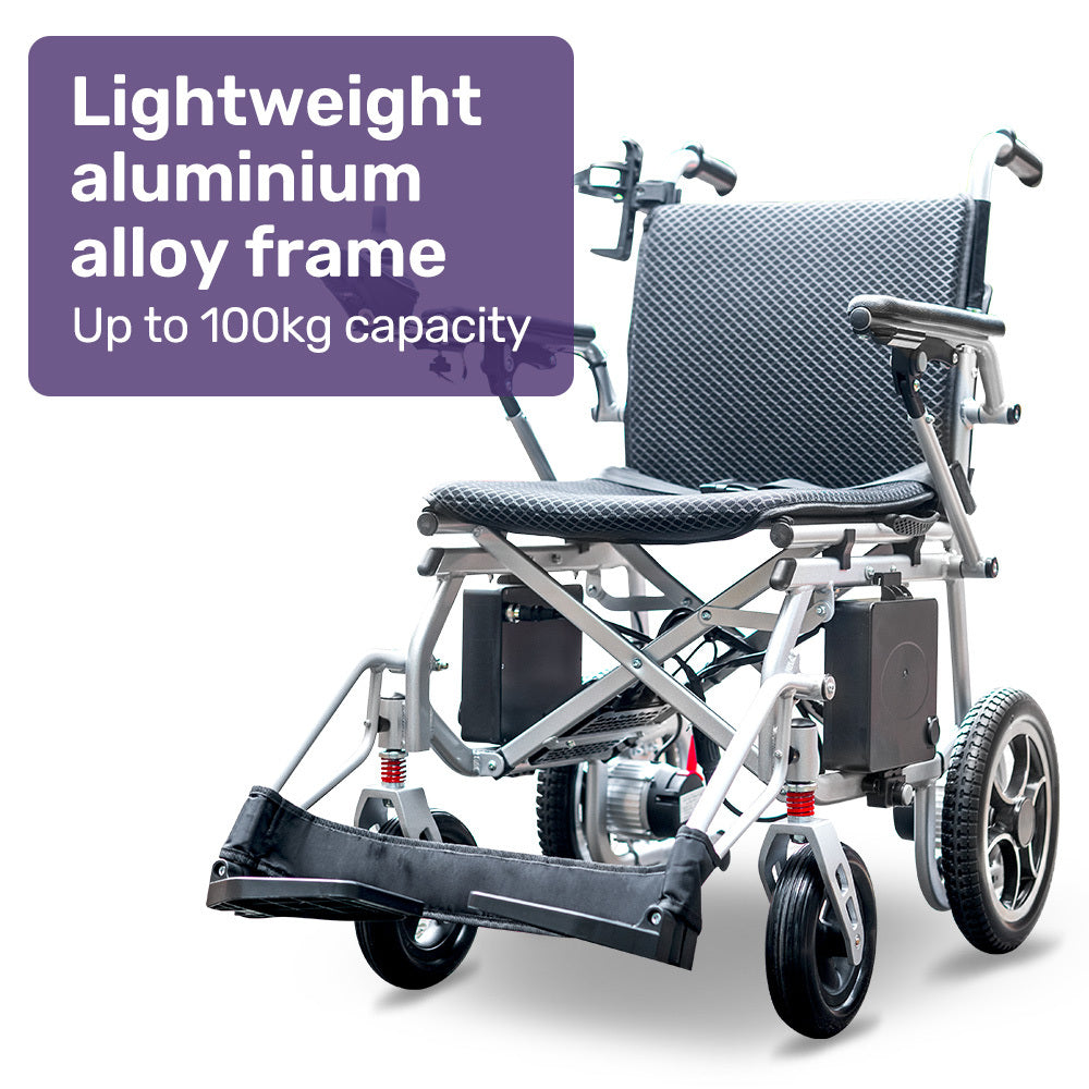 Power Electric Wheelchair, Airline Approved Wheelchair, Extra Lightweight, Long Range, Lithium Batteries, Silver