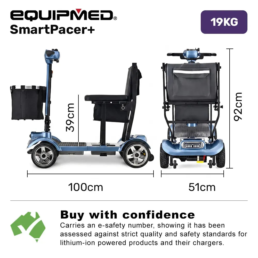 SmartPacer+ Ultra-Lightweight Mobility Scooter w/ Li-ion Battery, Only 19kg, Foldable, Airline Approved, 120kg Capacity, Blue