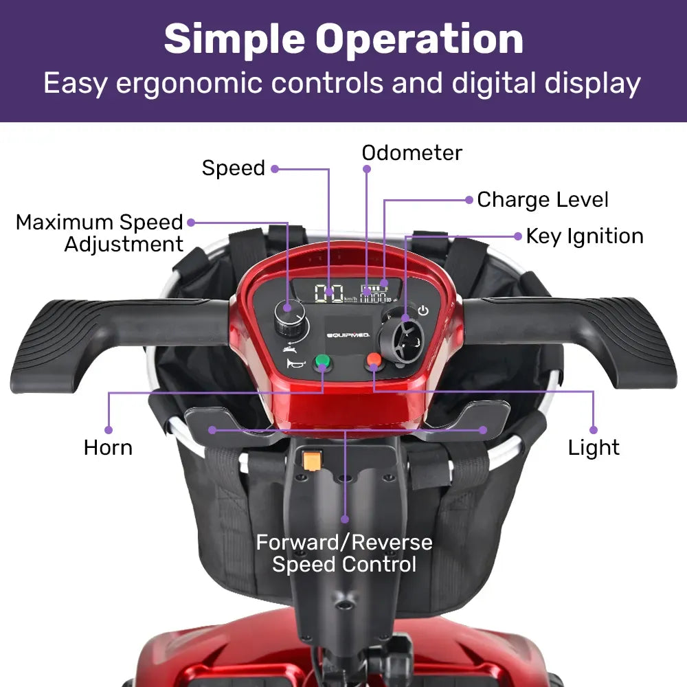ComfortCruise Large Mobility Scooter, 15km/h Top Speed, Up to 45km Range, Strong Climbing, 120kg Capacity, Red