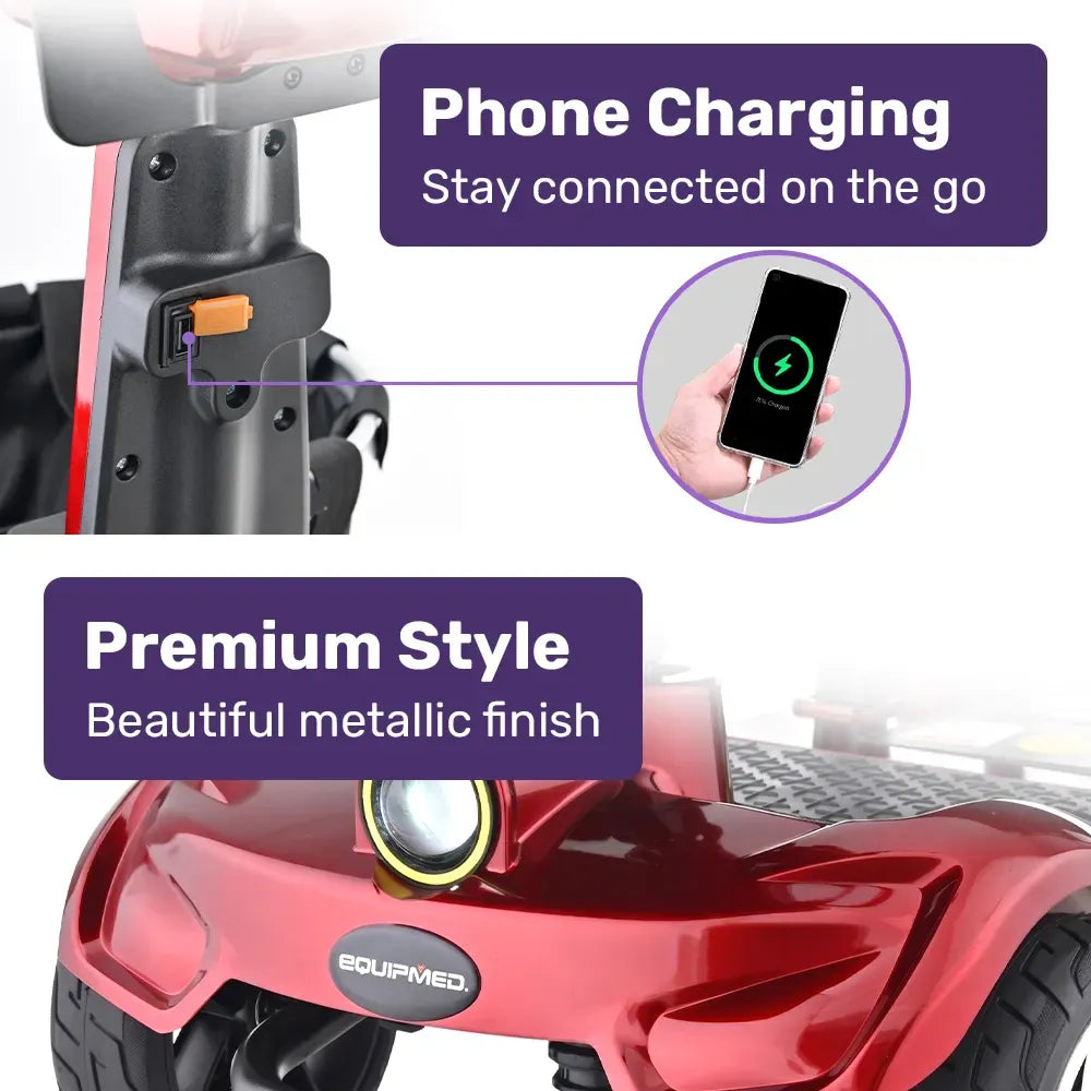 ComfortCruise Large Mobility Scooter, 15km/h Top Speed, Up to 45km Range, Strong Climbing, 120kg Capacity, Red