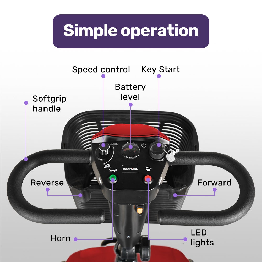 EQUIPMED FreeLite+ Mid-Sized Foldable Electric Mobility Scooter, Lithium Battery, Long Range and Easy Charging, Red