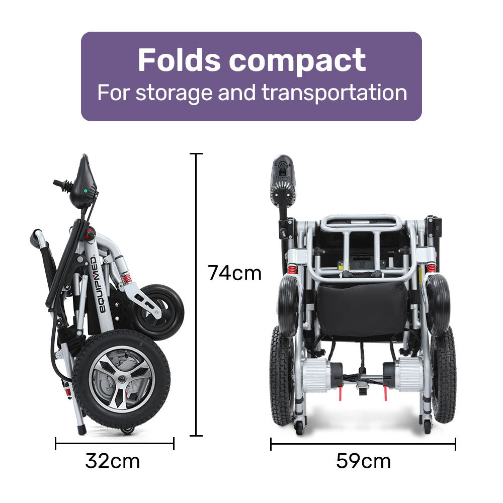 EQUIPMED Ultra-Light Power Wheelchair, Tight Turning, Airline Approved, ARTG Certified, Aluminium Frame, Lithium Battery, Brown