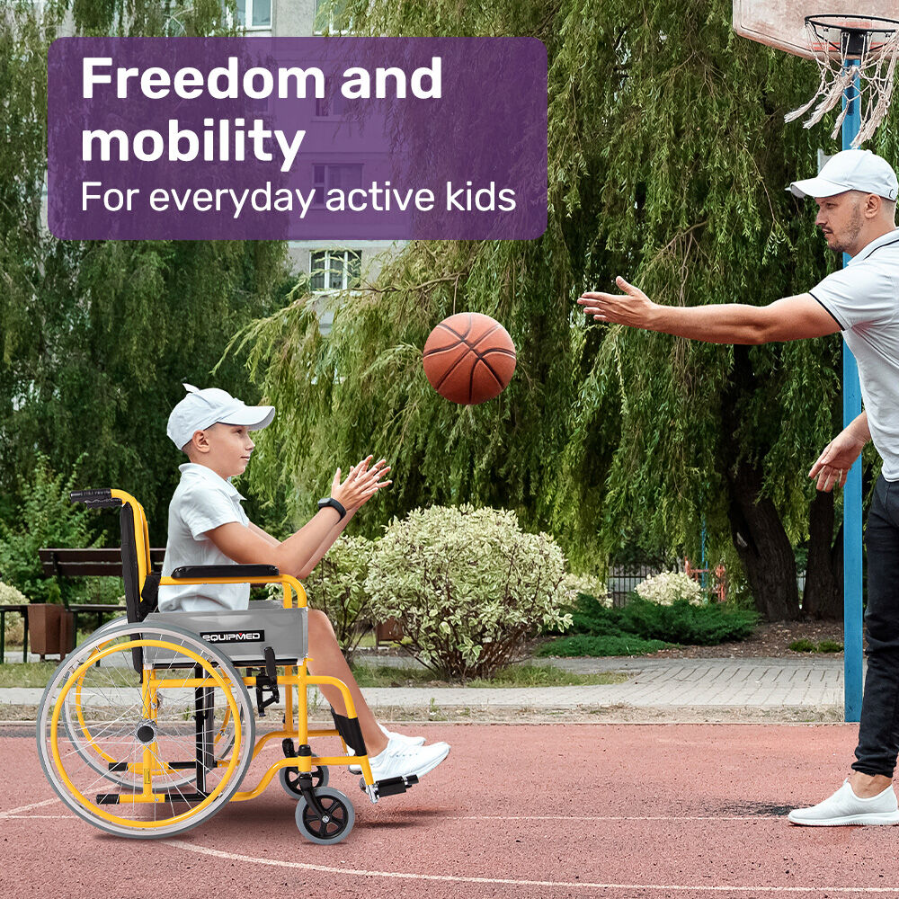 EQUIPMED Kids Paediatric Wheelchair, 100kg Rated, 110-140cm Rider Height, Quick Folding, Adjustable Footrests, 22