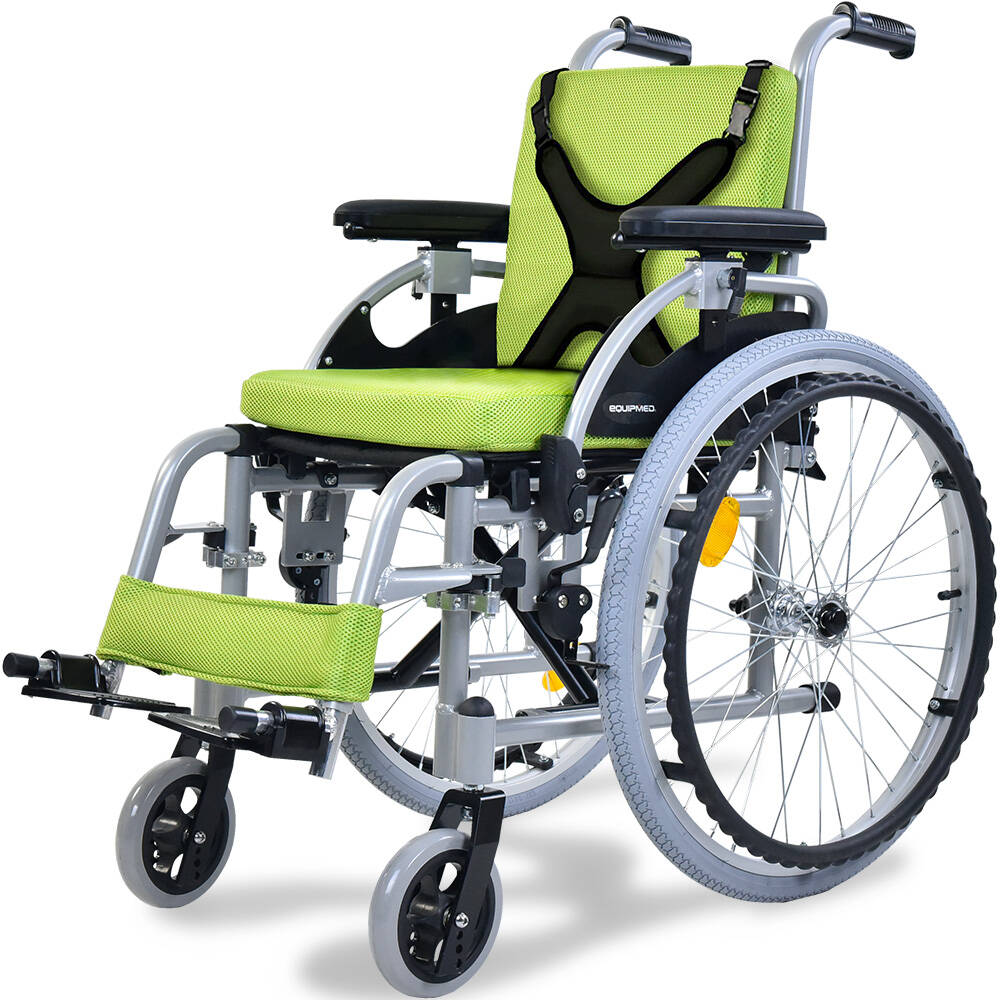 Kids Premium Paediatric Wheelchair, Lightweight Aluminium, 22" Wheels, 75kg Rated, Green