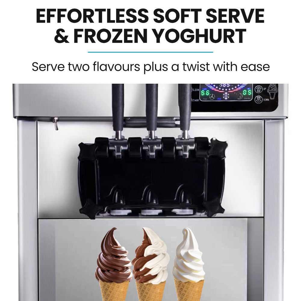 Benchtop Soft Serve Ice Cream Machine, 3 Flavours, 2+Twist, Frozen Yoghurt, Acai Maker, Twin Cylinder, Counter Top Design, 15A Plug