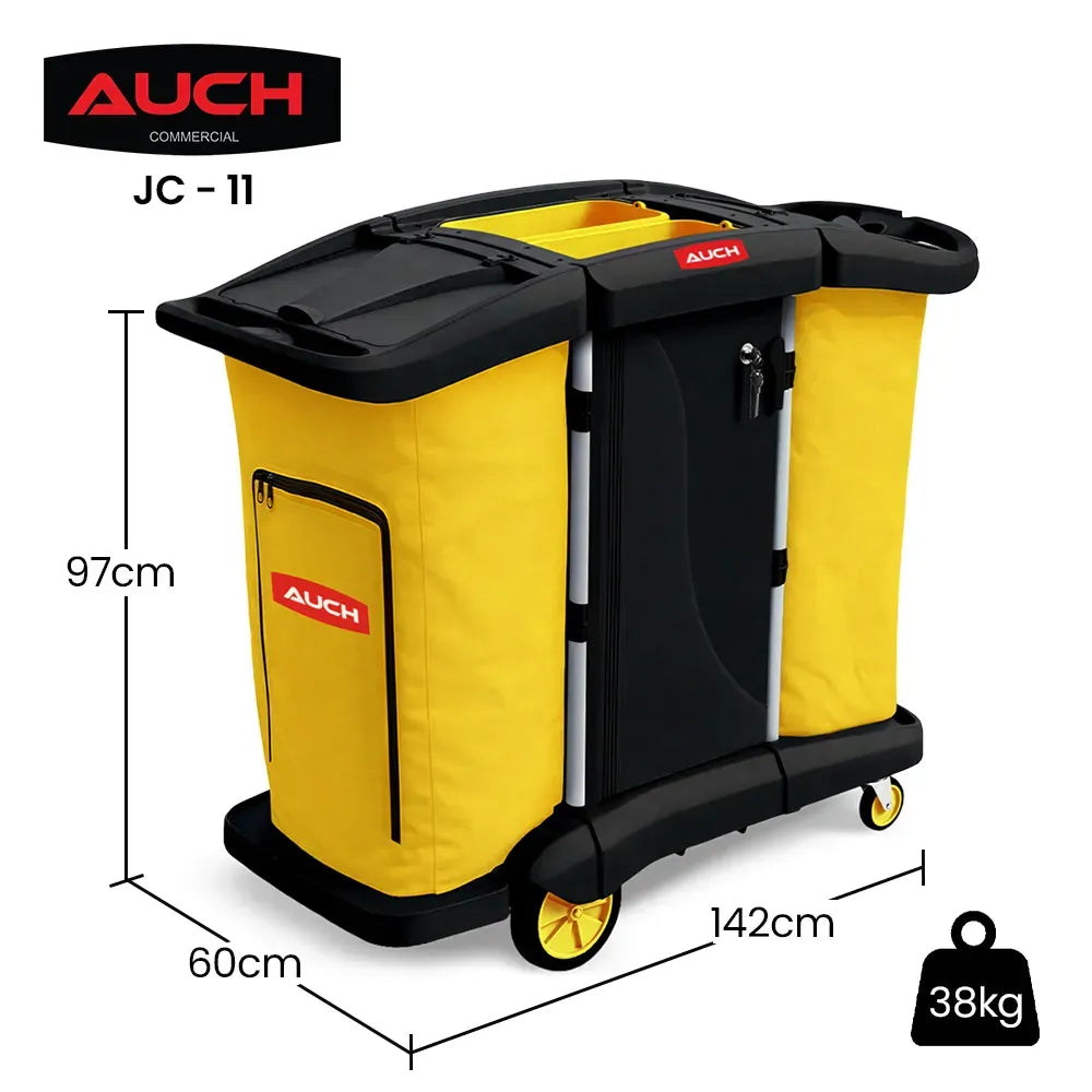 AUCH Double Bag Janitor Cleaning Trolley, Housekeeping Cart, Lockable Cabinet with Storage Tubs, Quiet Wheels, Black