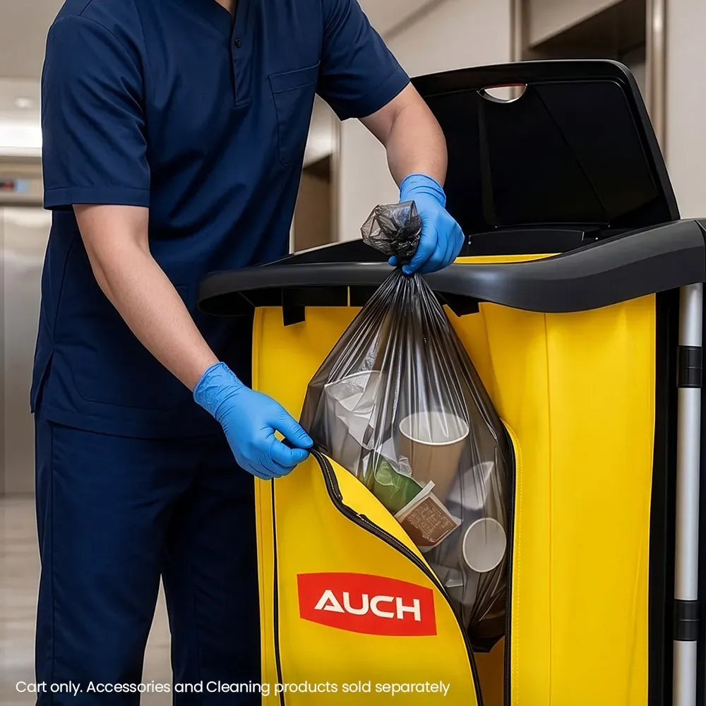 AUCH Double Bag Janitor Cleaning Trolley, Housekeeping Cart, Lockable Cabinet with Storage Tubs, Quiet Wheels, Black