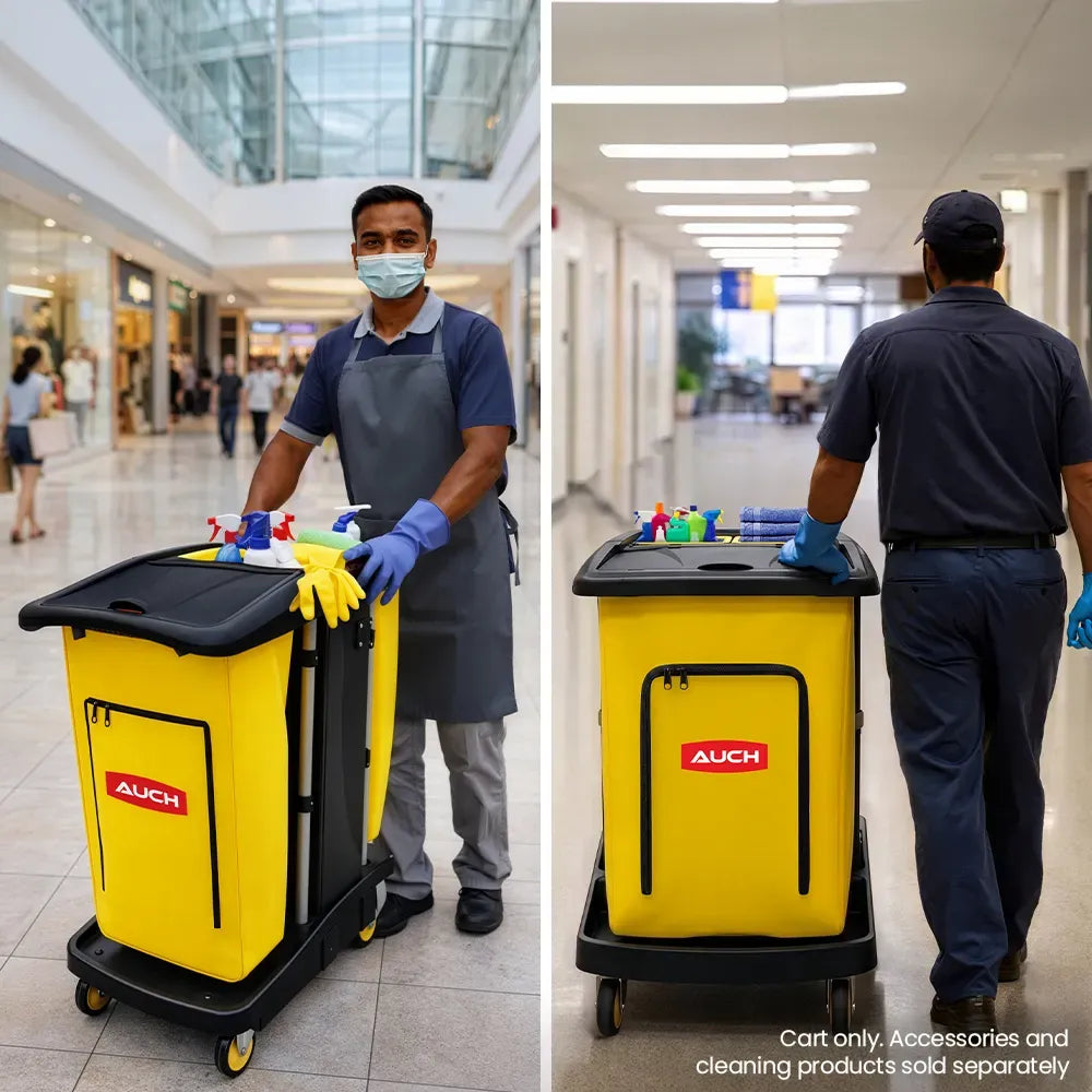 AUCH Double Bag Janitor Cleaning Trolley, Housekeeping Cart, Lockable Cabinet with Storage Tubs, Quiet Wheels, Black