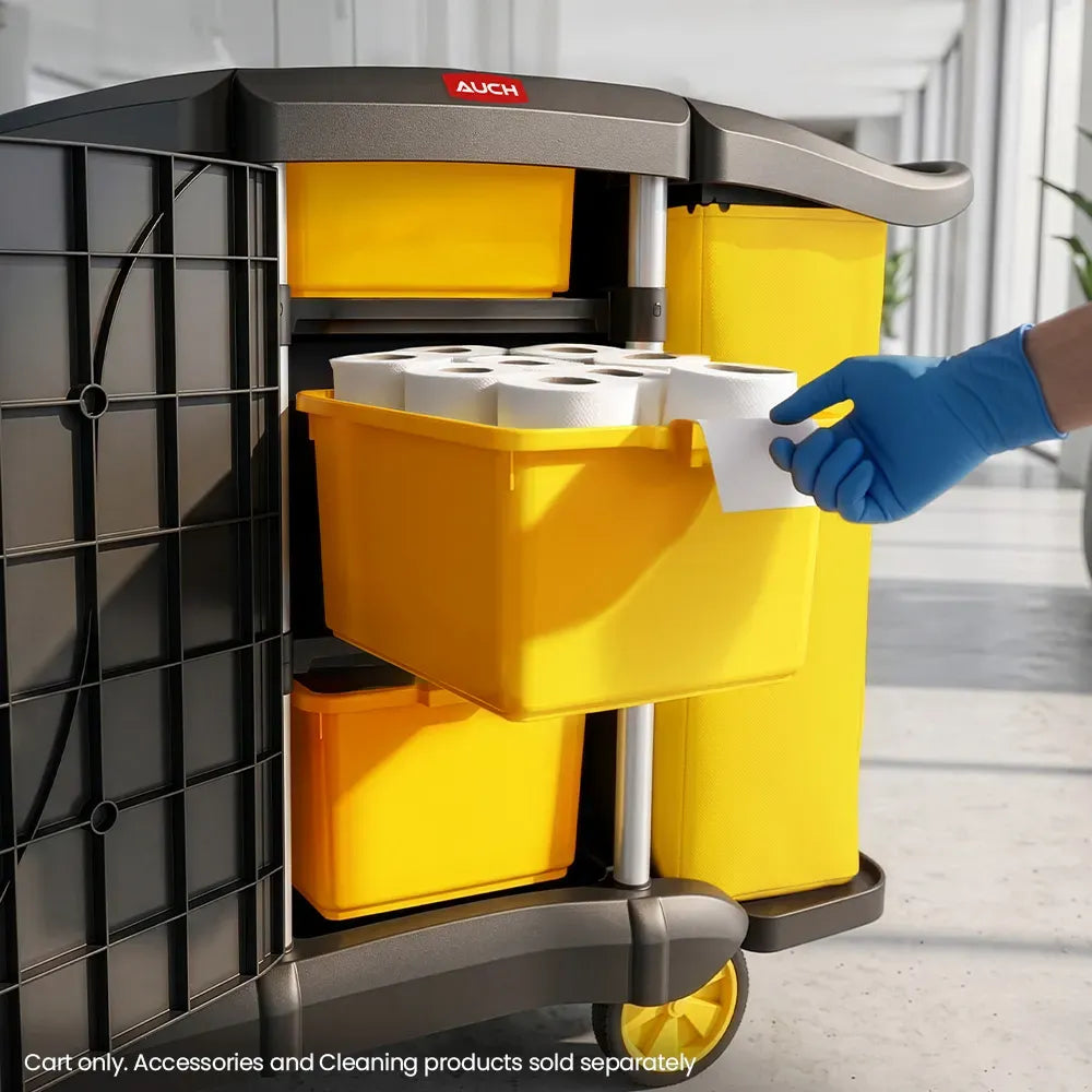 AUCH Double Bag Janitor Cleaning Trolley, Housekeeping Cart, Lockable Cabinet with Storage Tubs, Quiet Wheels, Black