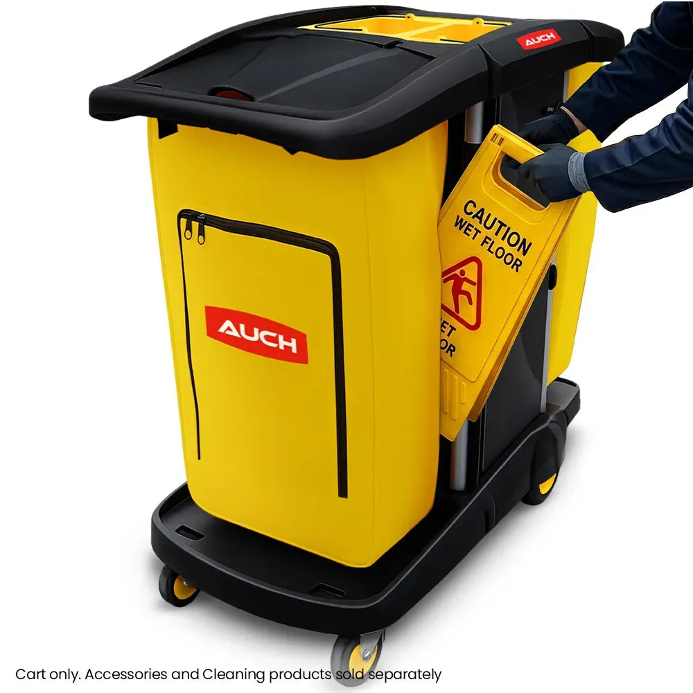 AUCH Double Bag Janitor Cleaning Trolley, Housekeeping Cart, Lockable Cabinet with Storage Tubs, Quiet Wheels, Black