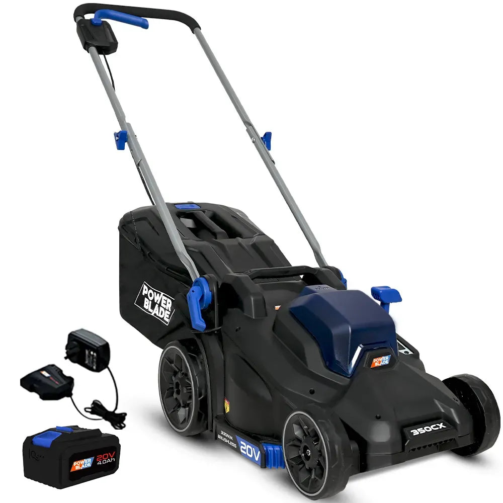 350CX 20V 13" Cordless Lawn Mower Kit, Fast Charger, 4Ah Battery, 5 Height, Brushless Electric, 330mm Cutting Path