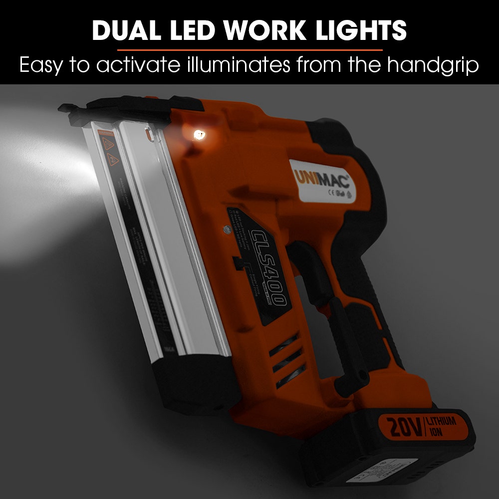 UNIMAC CLS400 20-50mm 16ga Finishing Nail Gun, Cordless 20V Lithium Nailer Kit