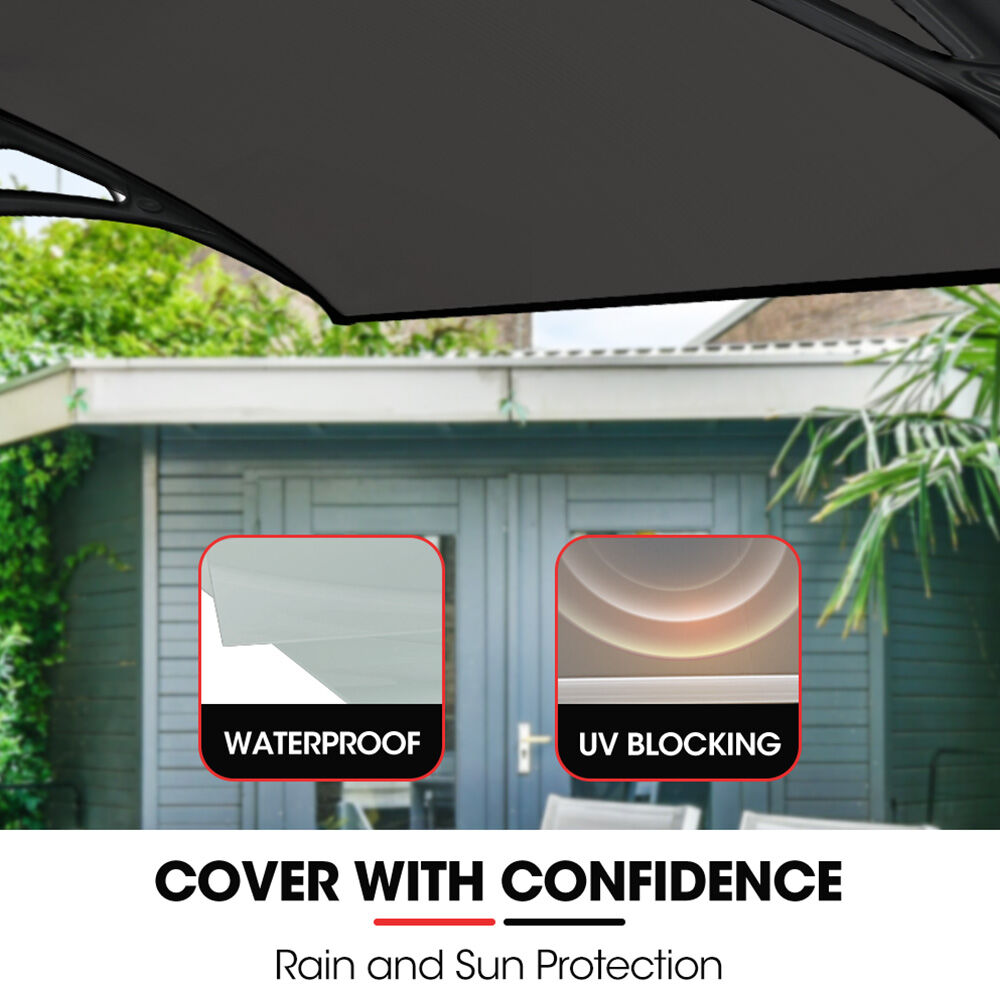 1x1m Aluminium Exterior Awning, Black DIY External UV Rain Protection Grey Tinted Polycarbonate Canopy Cover