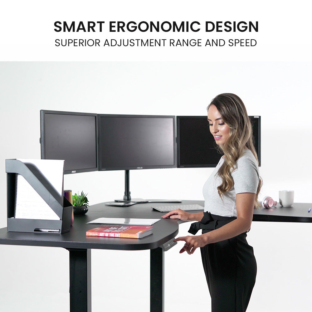 Corner Standing Desk, 1730W x 1730W x 750D, 3 Motors, 120kg Load, Sit to Stand Up Electric Height Adjustable, Black/Black Frame