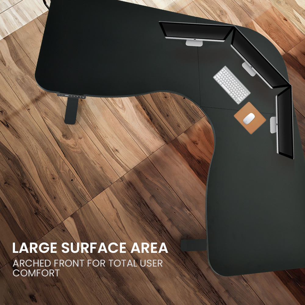 Corner Standing Desk, 1730W x 1730W x 750D, 3 Motors, 120kg Load, Sit to Stand Up Electric Height Adjustable, Black/Black Frame