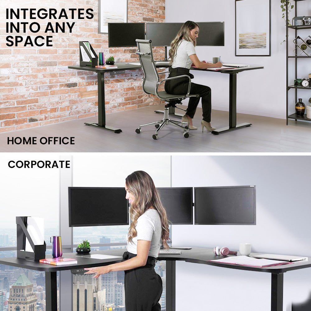 Corner Standing Desk, 1730W x 1730W x 750D, 3 Motors, 120kg Load, Sit to Stand Up Electric Height Adjustable, Black/Black Frame