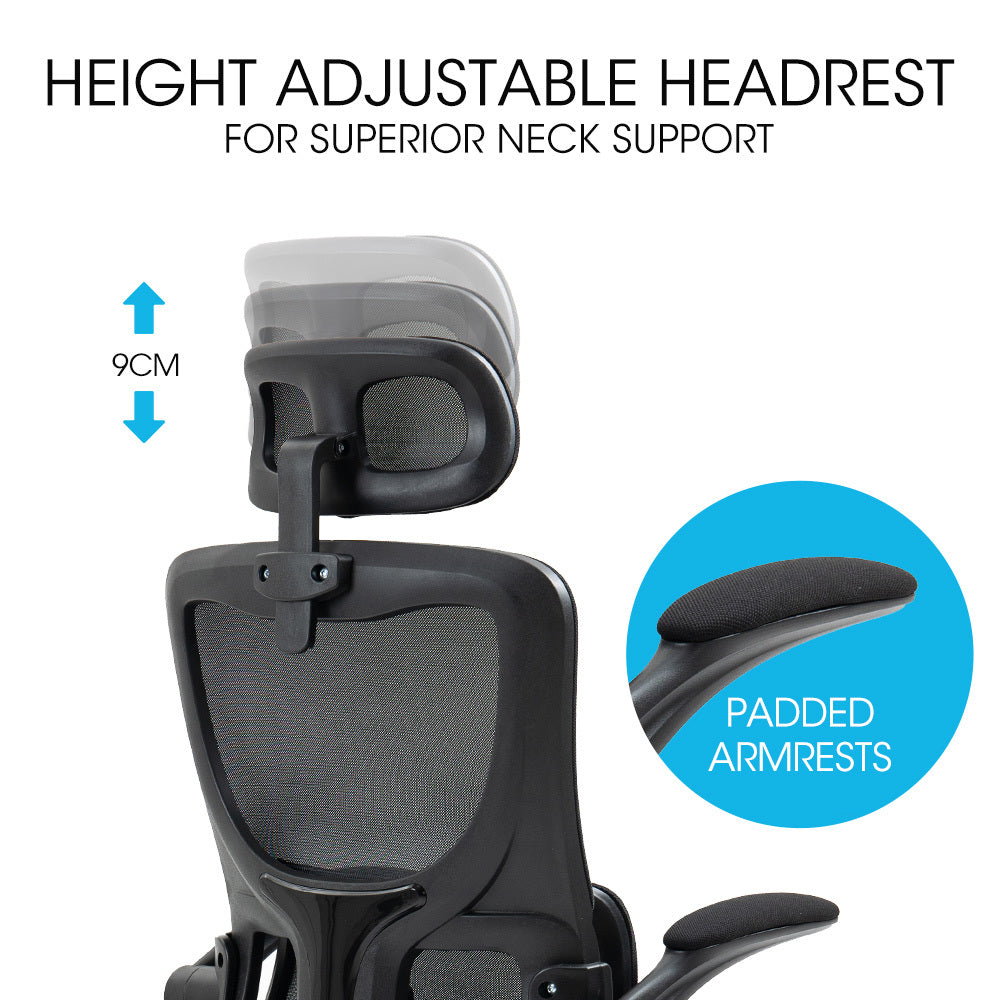 Ergonomic Office Desk Chair, Lumbar Support, Mesh Fabric, Adjustable Headrest, Retractable Armrests, Black
