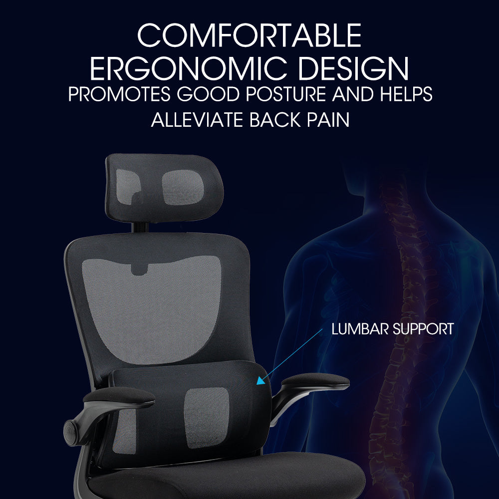 Ergonomic Office Desk Chair, Lumbar Support, Mesh Fabric, Adjustable Headrest, Retractable Armrests, Black