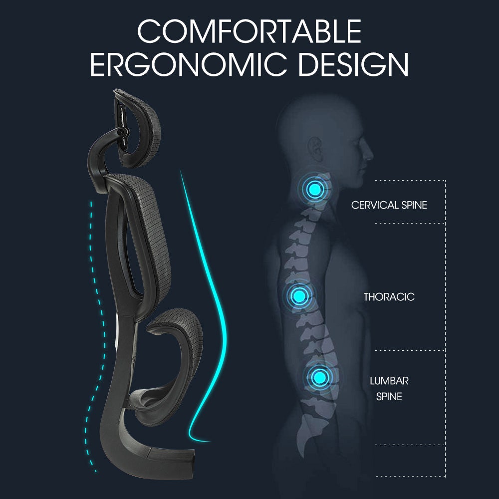 Ergonomic Office Desk Chair, Coolmesh Fabric, Adjustable Lumbar Support, Headrest, Armrest and Recline, Black Mesh/Black Frame
