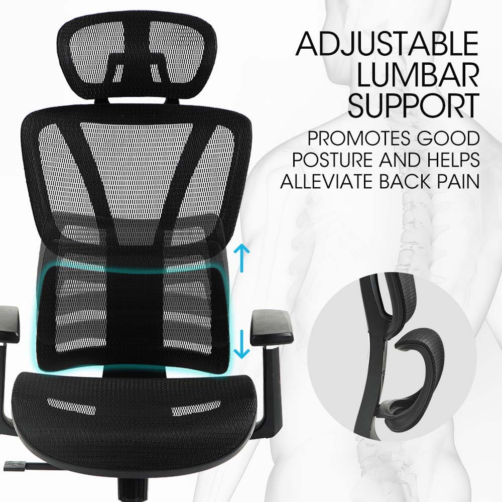 Ergonomic Office Desk Chair, Coolmesh Fabric, Adjustable Lumbar Support, Headrest, Armrest and Recline, Black Mesh/Black Frame