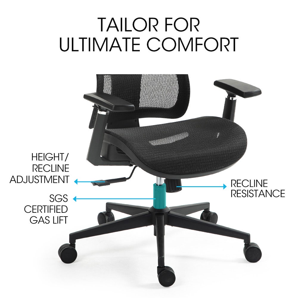 Ergonomic Office Desk Chair, Coolmesh Fabric, Adjustable Lumbar Support, Headrest, Armrest and Recline, Black Mesh/Black Frame