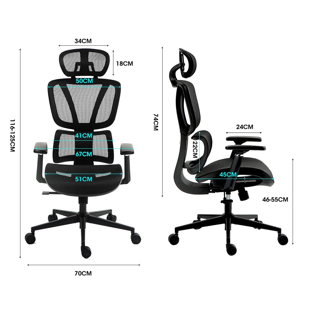 Ergonomic Office Desk Chair, Coolmesh Fabric, Adjustable Lumbar Support, Headrest, Armrest and Recline, Black Mesh/Black Frame