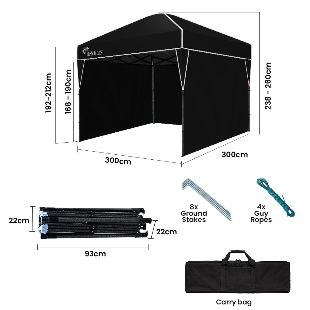 3x3m Ultra Compact Folding Gazebo, Walls, Carry bag, Portable Outdoor Popup Marquee for Camping Beach, Black