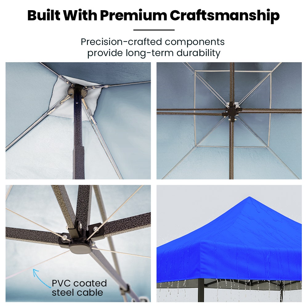 3x3m Premium Pop Up Gazebo Marquee, Patented Steel Cable Canopy Support System, Wheeled Carry Bag, Side Walls, UV Block, Reinforced Frame, Blue
