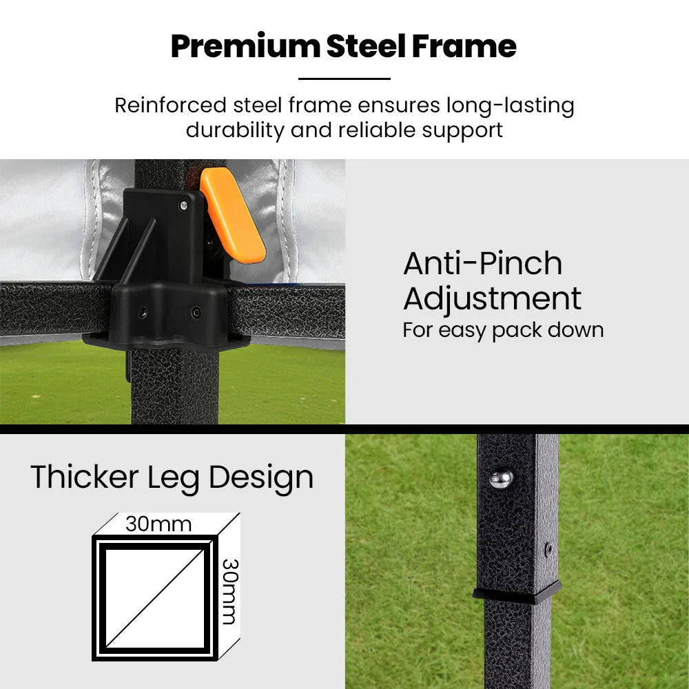 3x3m Premium Pop Up Gazebo Marquee, Patented Steel Cable Canopy Support System, Wheeled Carry Bag, Side Walls, UV Block, Reinforced Frame, Blue