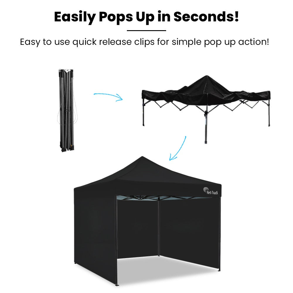 3x3m Premium Pop Up Gazebo Marquee, Patented Steel Cable Canopy Support System, Wheeled Carry Bag, Side Walls, UV Block, Reinforced Frame, Black
