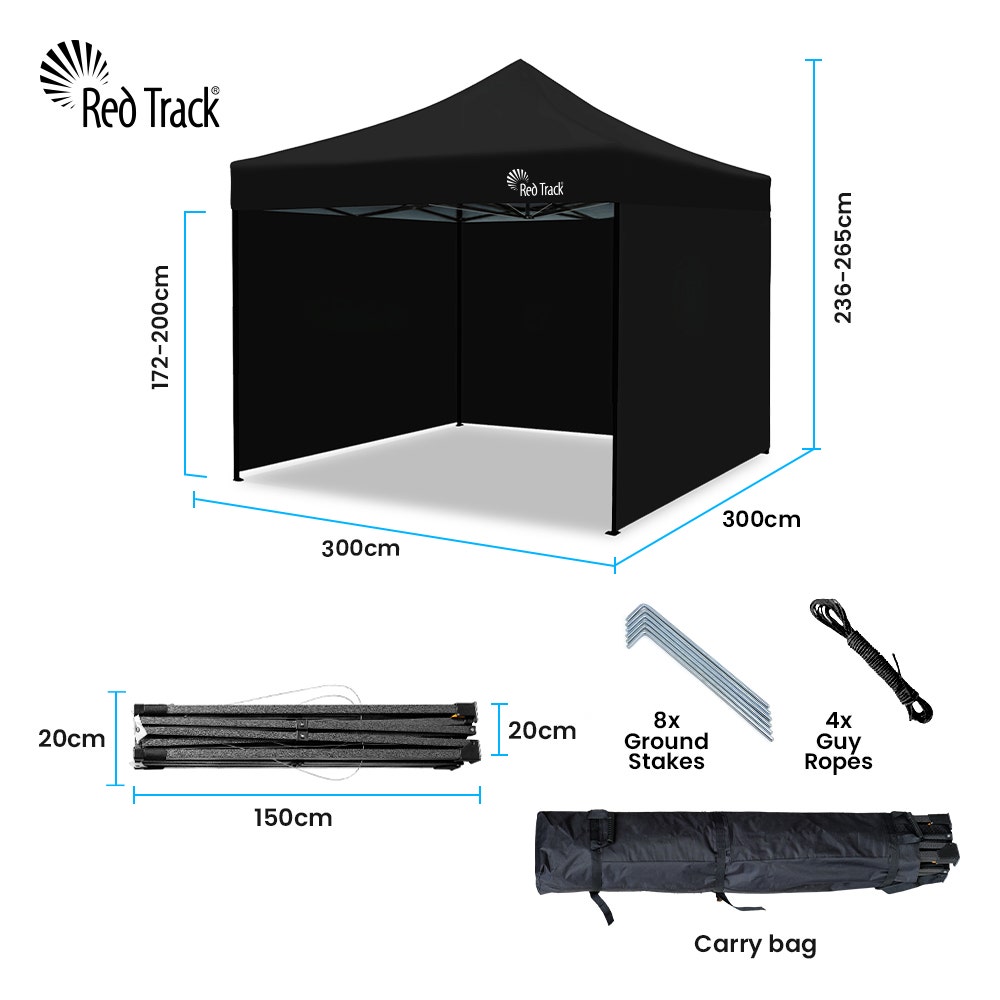 3x3m Premium Pop Up Gazebo Marquee, Patented Steel Cable Canopy Support System, Wheeled Carry Bag, Side Walls, UV Block, Reinforced Frame, Black