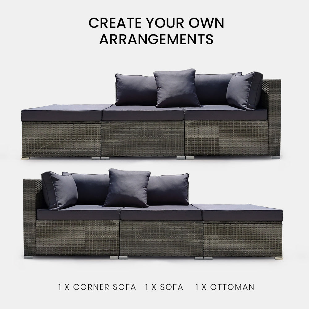 3 Seater Modular Outdoor Lounge Setting incl. Ottoman, Grey