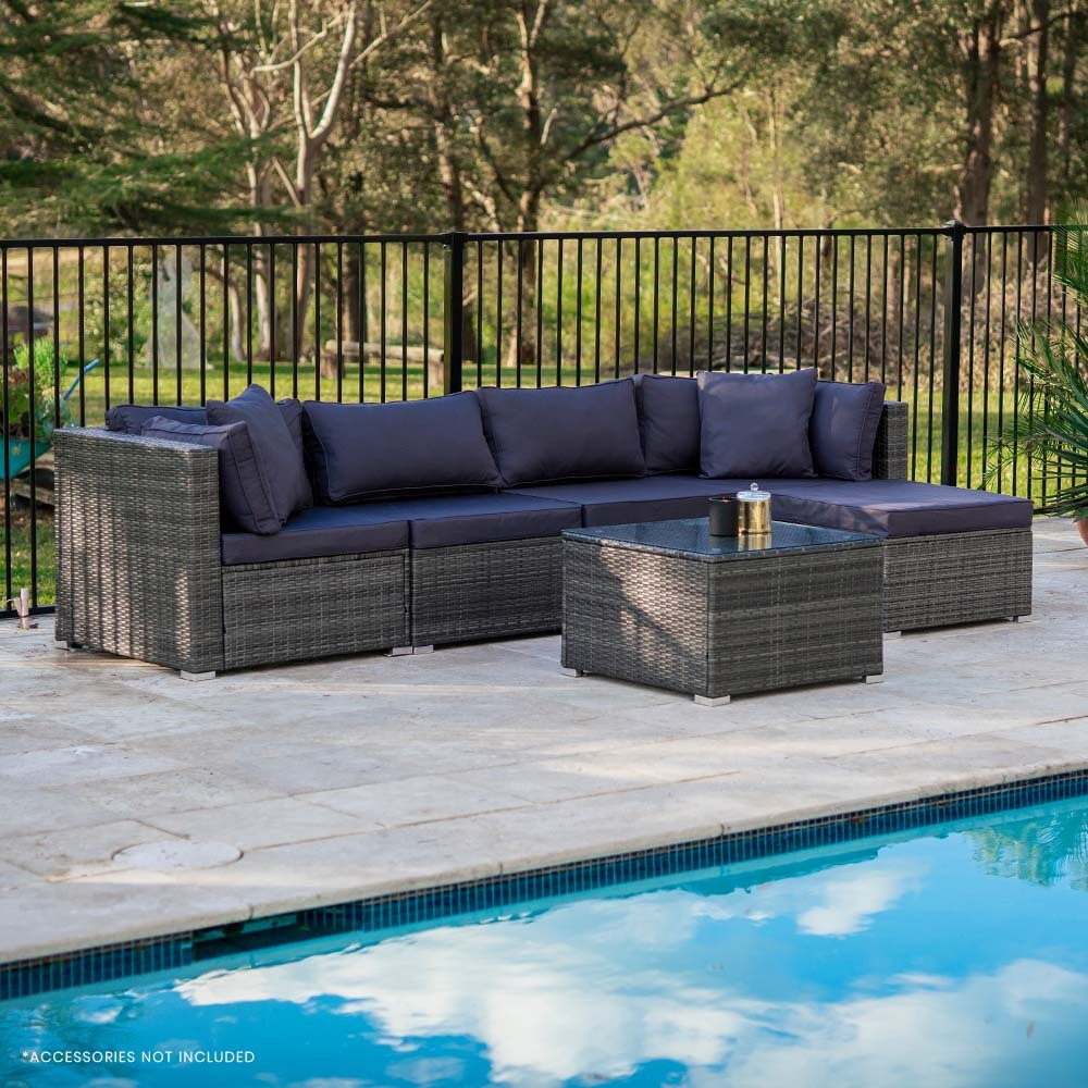 5 Seater Modular Outdoor Lounge Setting with Coffee Table, Ottoman, Grey