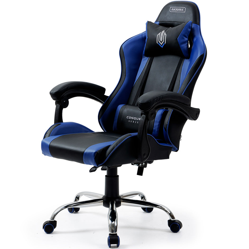 Conquest Series Reclining Gaming Ergonomic Office Chair with Lumbar and Neck Pillows, Black and Blue