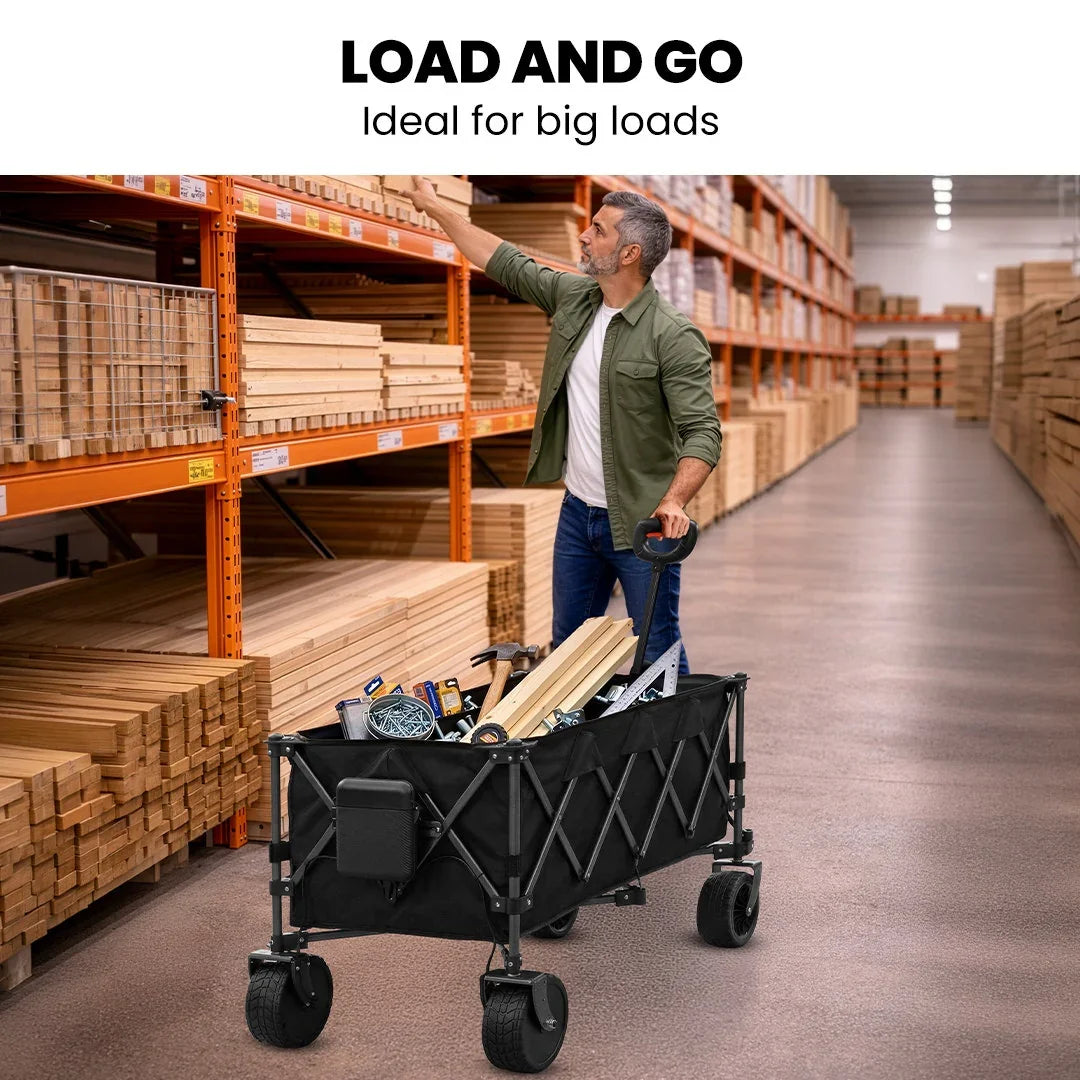 180L XL Electric Folding Pull Cart, Powerful Easy Hill Climbing, All-terrain Wheels, Wagon for Beach Camping Shopping, Black