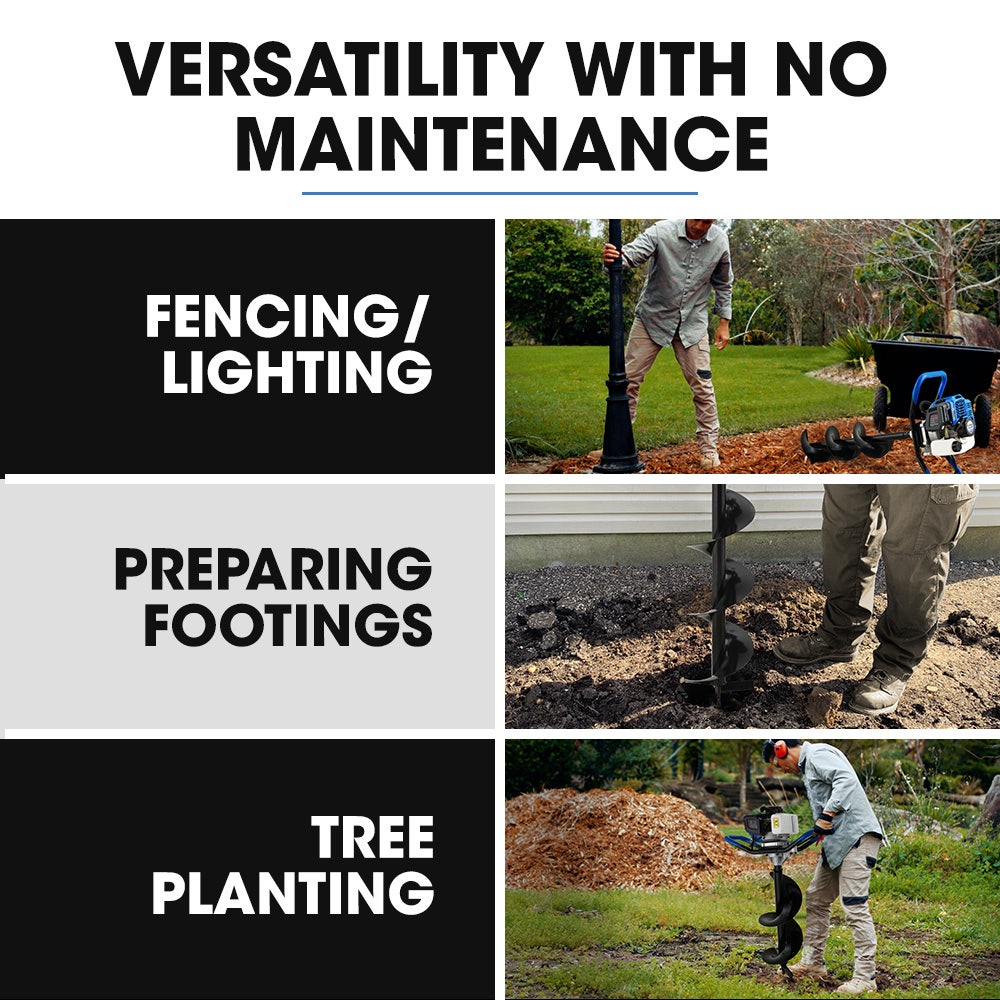 PD950 52cc 2-Stroke Petrol Post Hole Digger, w/ 3 Auger bits, 600mm Extension Shaft