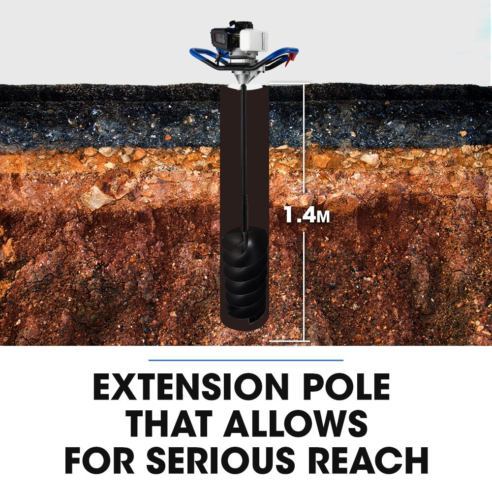 PD950 52cc 2-Stroke Petrol Post Hole Digger, w/ 3 Auger bits, 600mm Extension Shaft